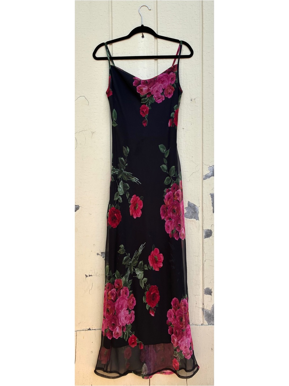Vintage 90s Black Romantic Floral Maxi Slip Dress